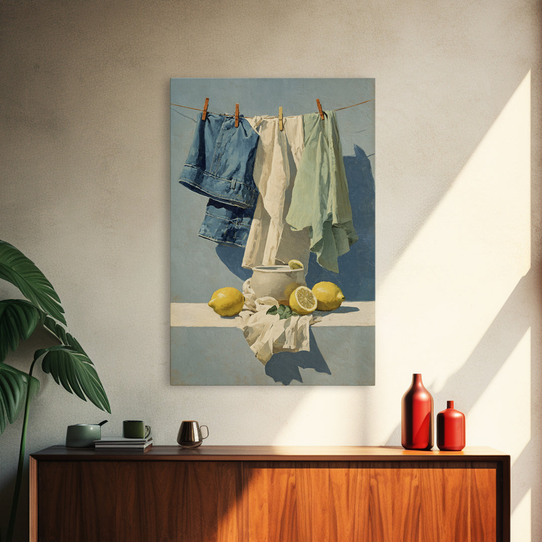 Lemon and Clean Linen Still Life Framed Canvas Print, Laundry Room Art, Wall Art Print, Living Room Decor, Fine Art, Clean, LRA-2x3-83