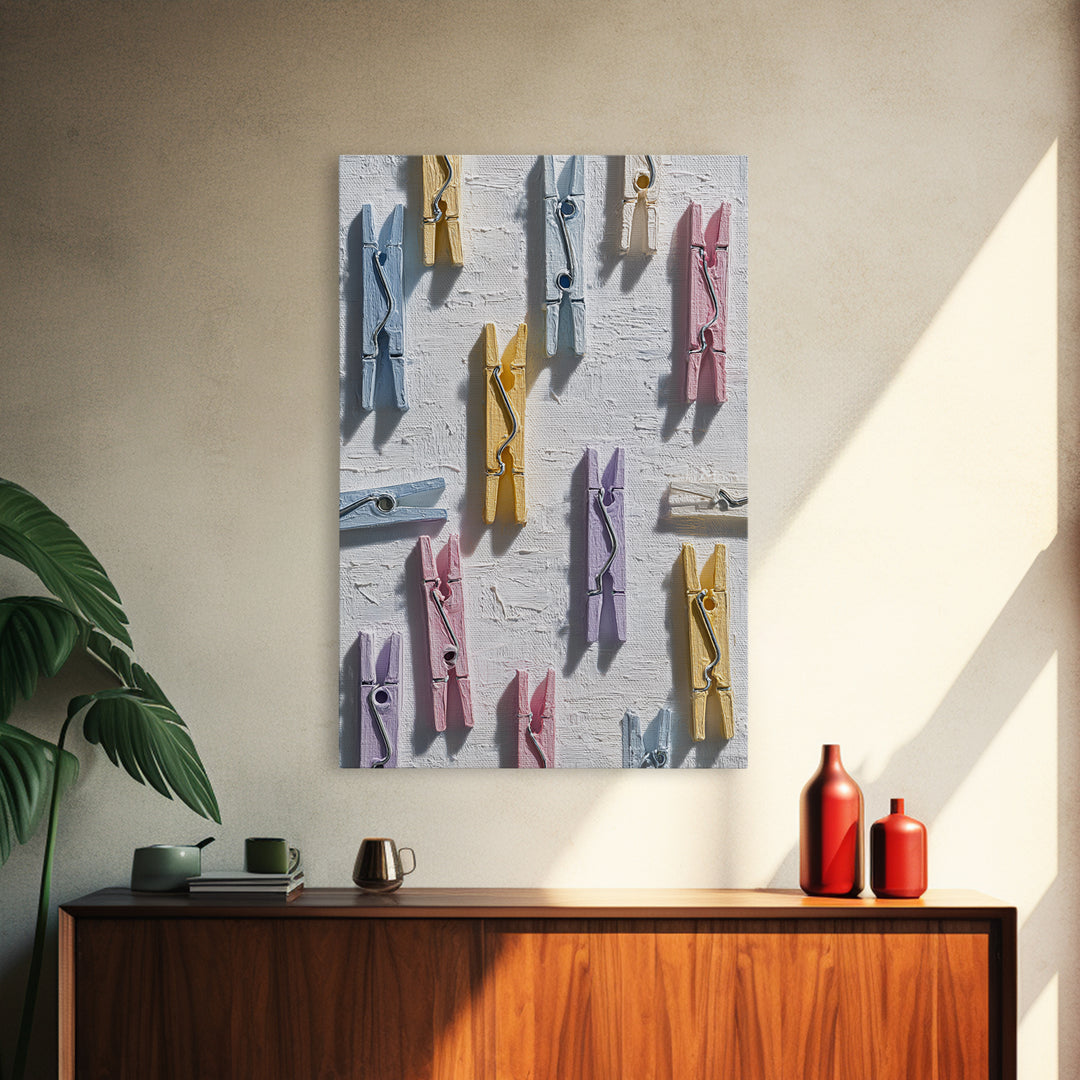 Cheerful Clothespins Arranged as Pattern Framed Canvas Print, Laundry Room Art, Downloadable Art, Living Room Decor, Clean, LRA-2x3-84