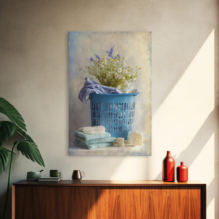 Blue Laundry Basket Framed Canvas Print, Laundry Room Art, Wall Art Print, Living Room Decor, Oil Painting, Clean, LRA-2x3-85