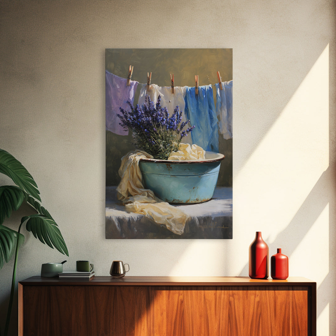 Old Enamel Basin Filled Framed Canvas Print, Laundry Room Art, Artwork, Living Room Decor, Fine Art, Clean, Minimalist Wall Art, LRA-2x3-88