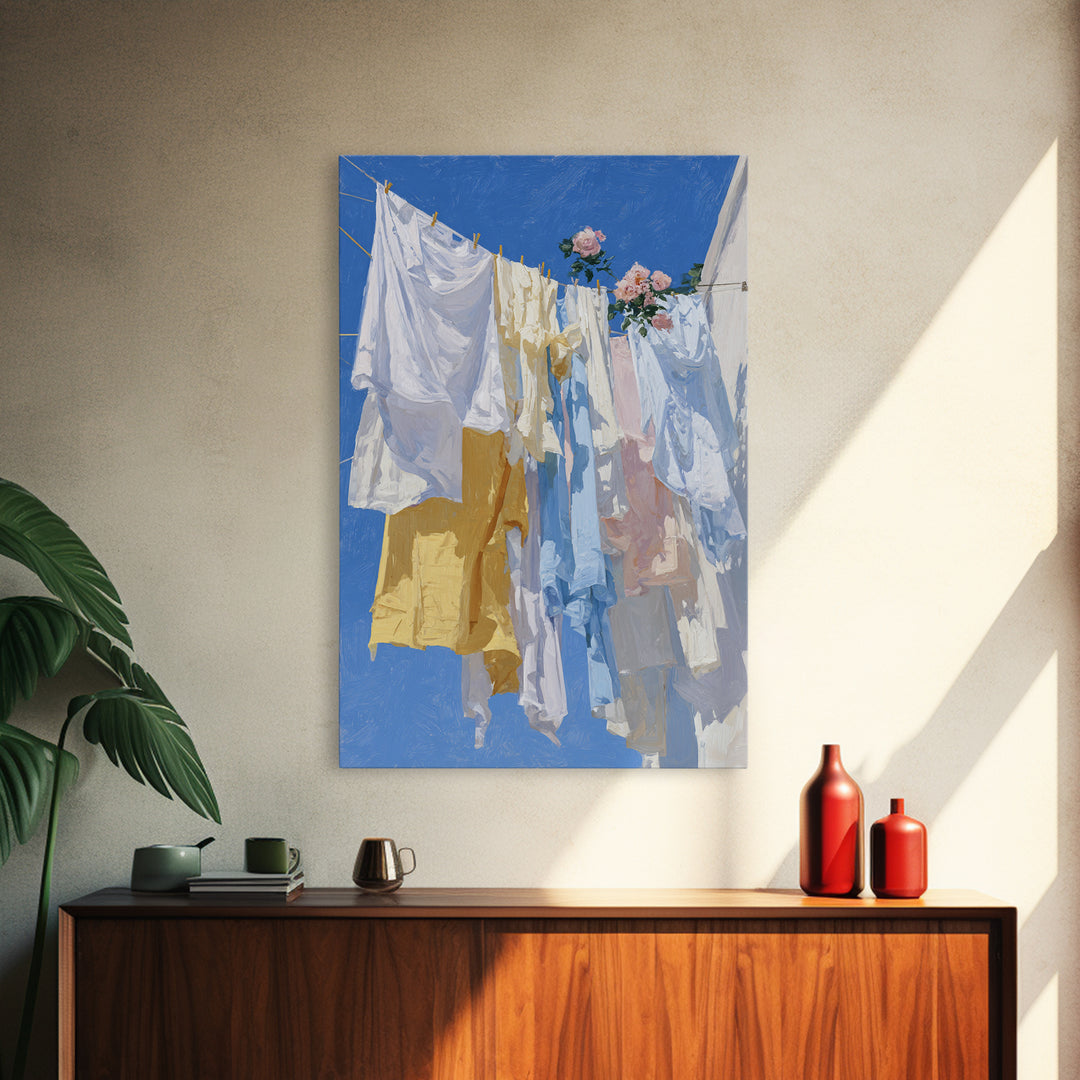 Clothesline with White Linens Blowing in Sunshine Canvas Print, Laundry Room Art, Living Room Decor, Abstract Art, Clean, LRA-2x3-9