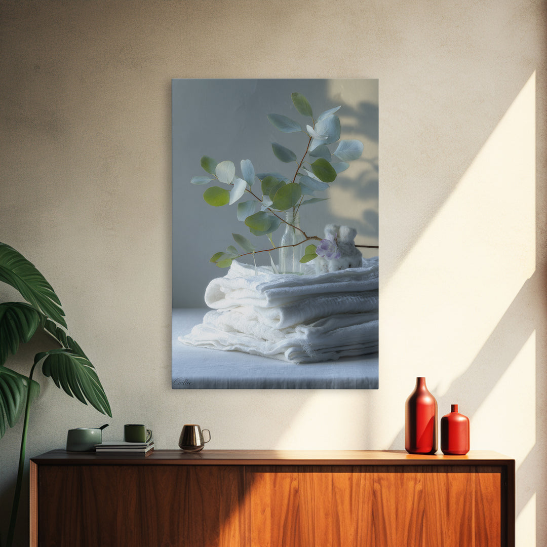 Sunlit White Towels and Eucalyptus Branch Canvas Print, Laundry Room Art, Retro Wall Art, Living Room Decor, Watercolor Art, LRA-2x3-91