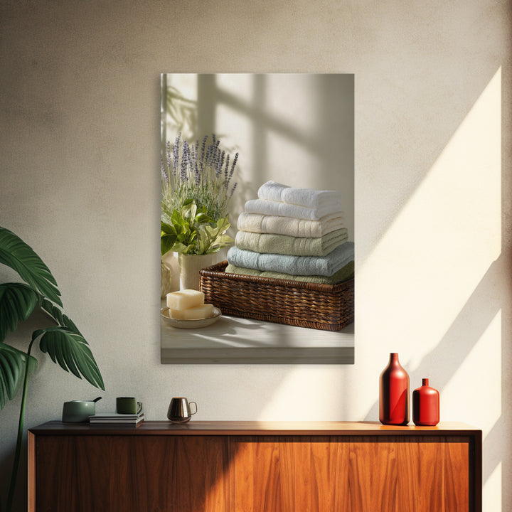 Basket of Folded Towels Framed Canvas Print, Laundry Room Art, Digital Print, Living Room Decor, Clean, Custom Wall Art, LRA-2x3-94