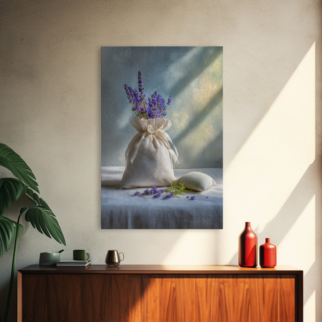 Lavender Sachet and Ribbon Still Life Framed Canvas Print, Laundry Room Art, Farmhouse Decor, Living Room Decor, Clean, LRA-2x3-97
