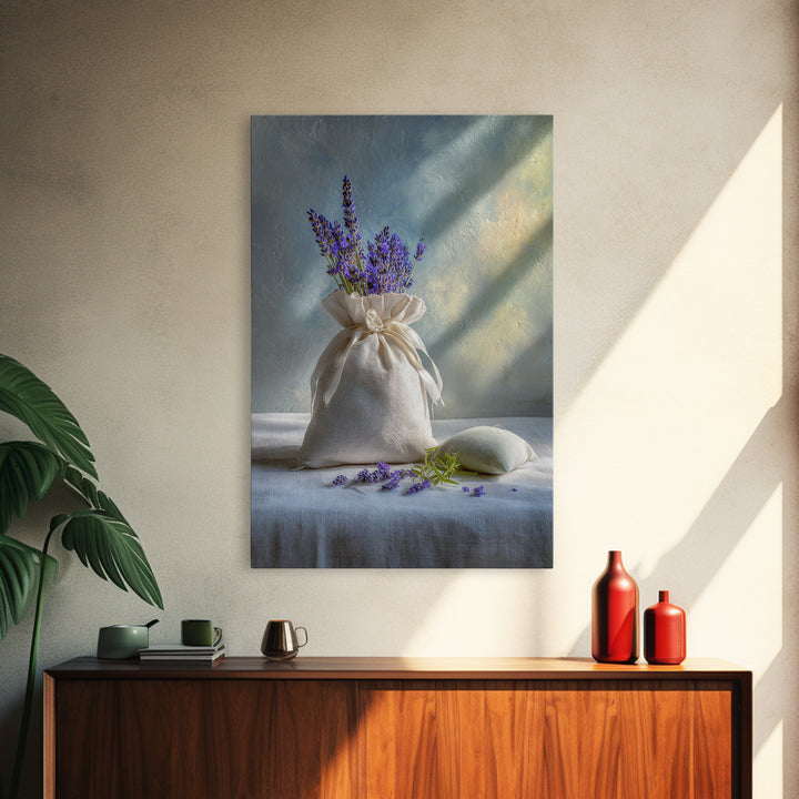 Lavender Sachet and Ribbon Still Life Framed Canvas Print, Laundry Room Art, Farmhouse Decor, Living Room Decor, Clean, LRA-2x3-97