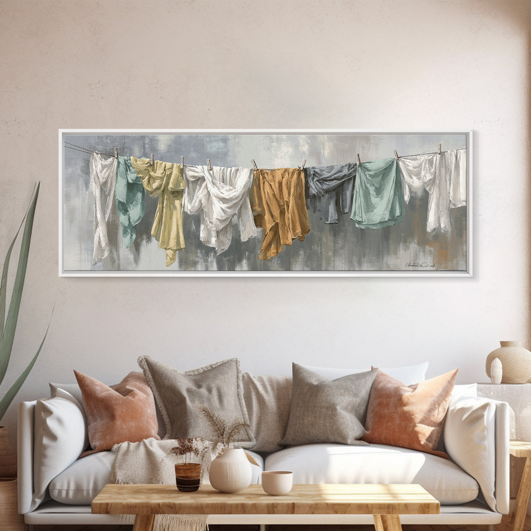 Clothesline with White Linens Blowing in Sunshine Canvas Print, Laundry Room Art, Farmhouse Wall Decor, Living Room Decor, LRA-3x1-17