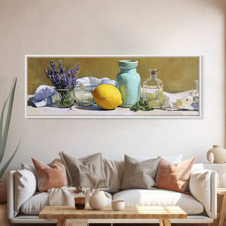 Lemon and Clean Linen Still Life Canvas Print, Laundry Room Art, Statement Artwork, Living Room Decor, Abstract Art, Clean, LRA-3x1-19