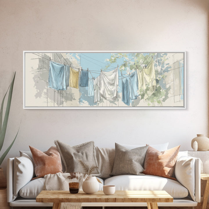 Simple Line Drawing of Hanging Laundry Framed Canvas Print, Laundry Room Art, Digital Art Print, Living Room Decor, LRA-3x1-32