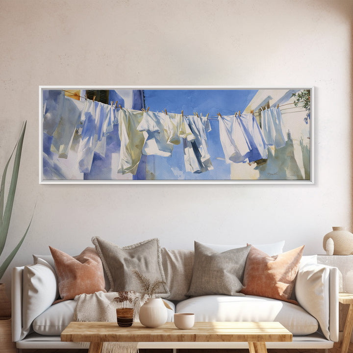 Clothesline with White Linens Blowing in Sunshine Canvas Print, Laundry Room Art, Downloadable Art, Living Room Decor, Clean, LRA-3x1-41