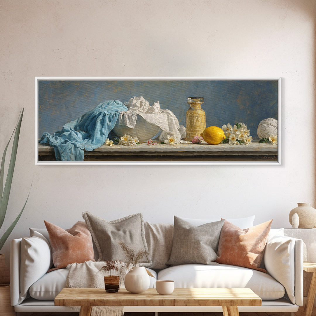 Lemon and Clean Linen Still Life Canvas Print, Laundry Room Art, Living Room Decor, Abstract Art, Clean, Wall Art Print, LRA-3x1-43