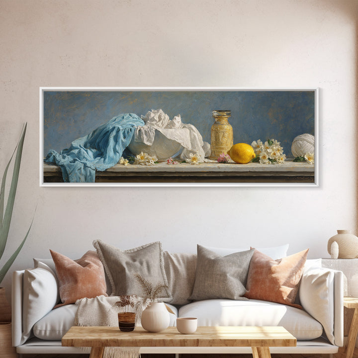 Lemon and Clean Linen Still Life Canvas Print, Laundry Room Art, Living Room Decor, Abstract Art, Clean, Wall Art Print, LRA-3x1-43