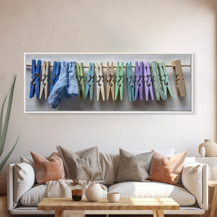 Cheerful Clothespins Arranged as Pattern Framed Canvas Print, Laundry Room Art, Neutral Decor, Living Room Decor, Clean, LRA-3x1-44