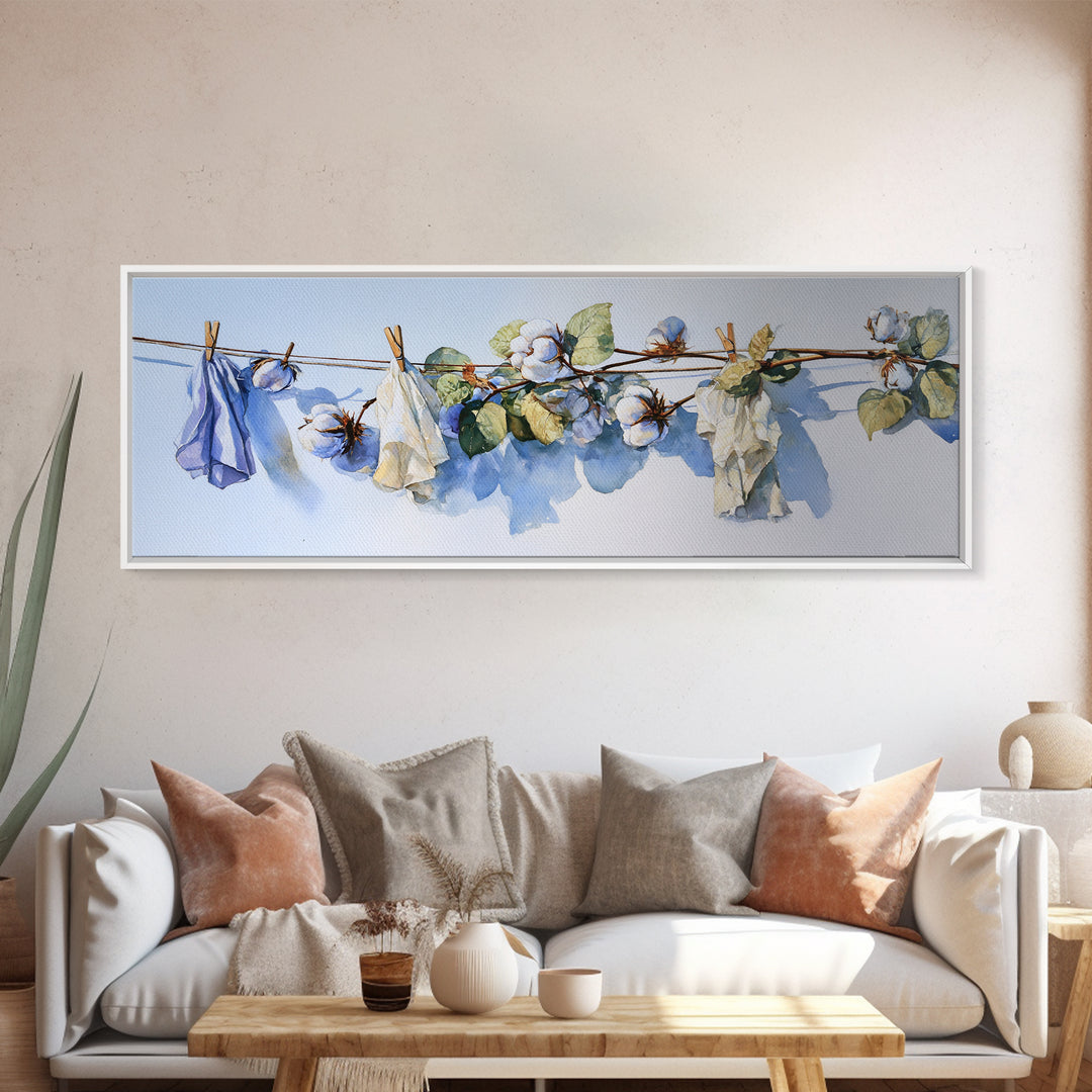 Fresh Cotton Branch Botanical Study Framed Canvas Print, Laundry Room Art, Digital Art, Living Room Decor, Fine Art, Clean, LRA-3x1-47
