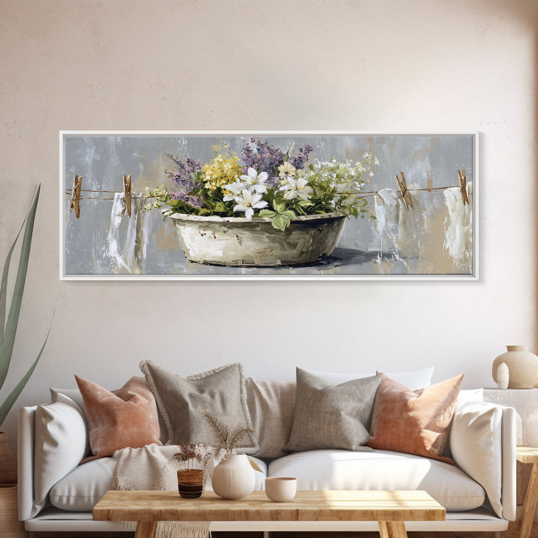 Old Enamel Basin Filled Canvas Print, Laundry Room Art, Art Print, Living Room Decor, Fine Art, Clean, Artwork, Digital Print, LRA-3x1-48