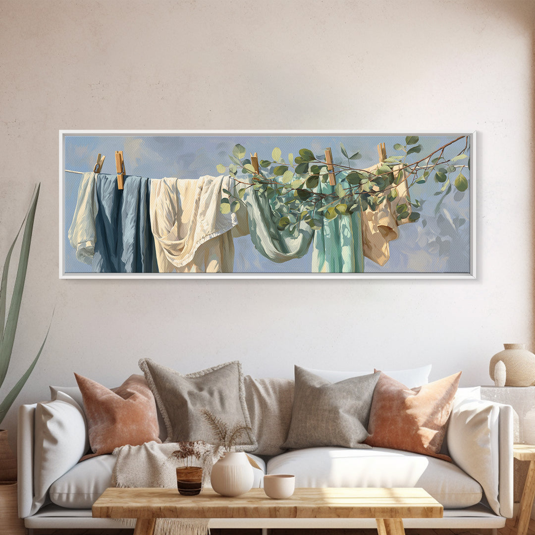 Sunlit White Towels and Eucalyptus Branch Canvas Print, Laundry Room Art, Printable Wall Art, Living Room Decor, Clean, LRA-3x1-51