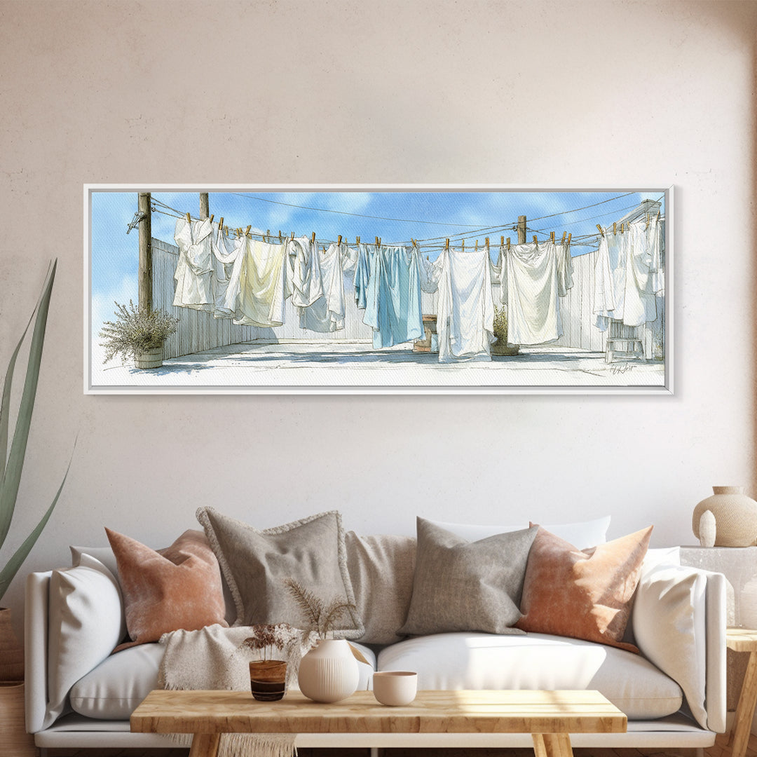 Simple Line Drawing of Hanging Laundry Framed Canvas Print, Laundry Room Art, Textured Painting, Living Room Decor, Clean, LRA-3x1-56