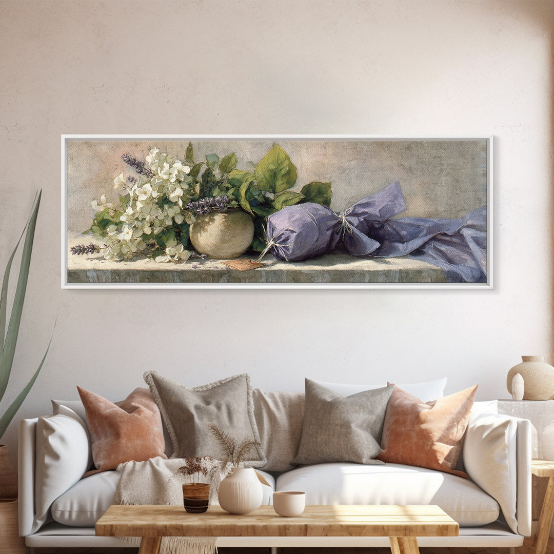Lavender Sachet and Ribbon Still Life Framed Canvas Print, Laundry Room Art, Farmhouse Wall Art, Living Room Decor, Clean, LRA-3x1-57