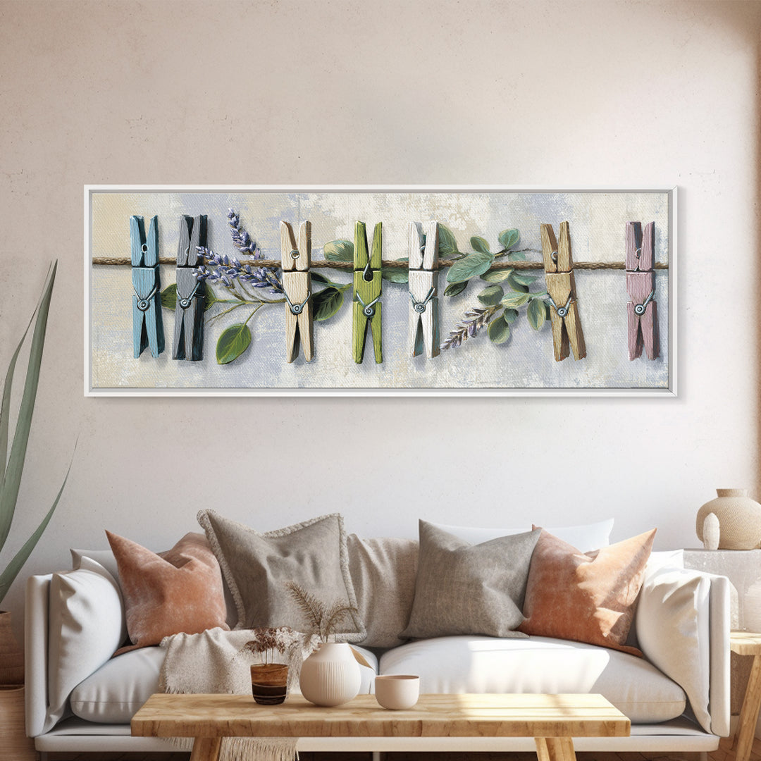 Clothespin Bouquet in Folk Art Style Framed Canvas Print, Laundry Room Art, Boho Decor, Living Room Decor, Fine Art, Clean, LRA-3x1-60