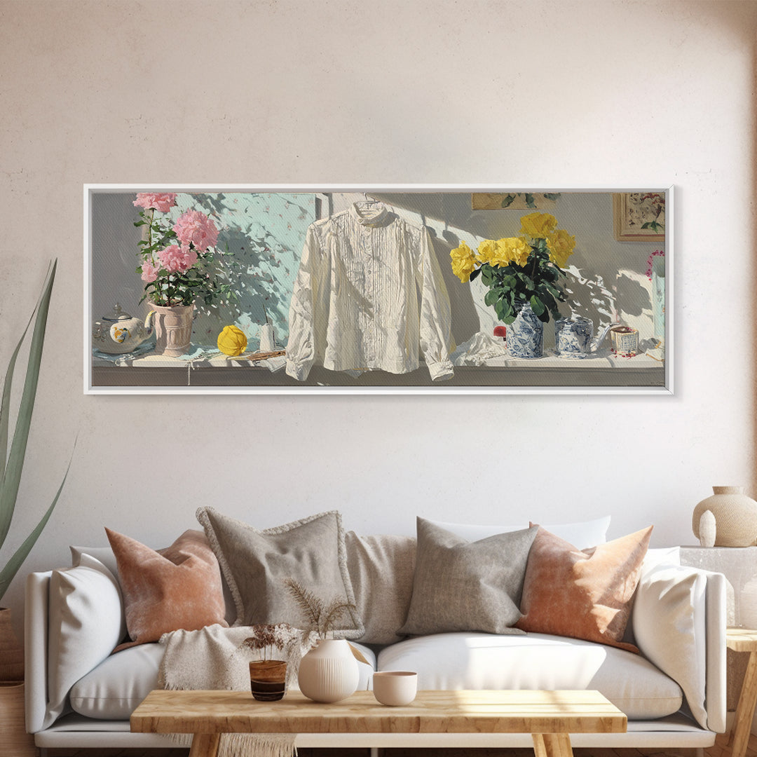 White Shirt on Hanger Canvas Print, Laundry Room Art, Whimsical Art, Living Room Decor, Watercolor Art, Clean, LRA-3x1-61