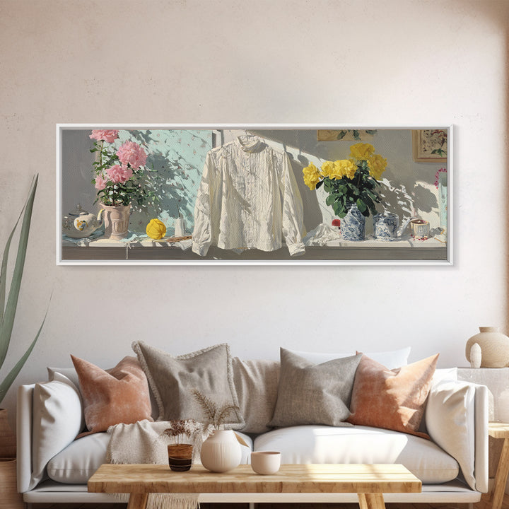 White Shirt on Hanger Canvas Print, Laundry Room Art, Whimsical Art, Living Room Decor, Watercolor Art, Clean, LRA-3x1-61