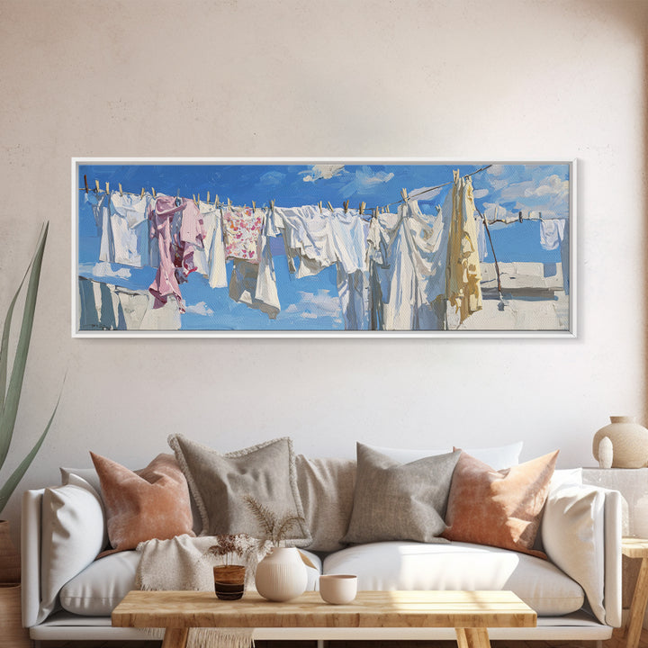 Clothesline with White Linens Blowing in Sunshine Canvas Print, Laundry Room Art, Downloadable Art, Living Room Decor, Clean, LRA-3x1-65
