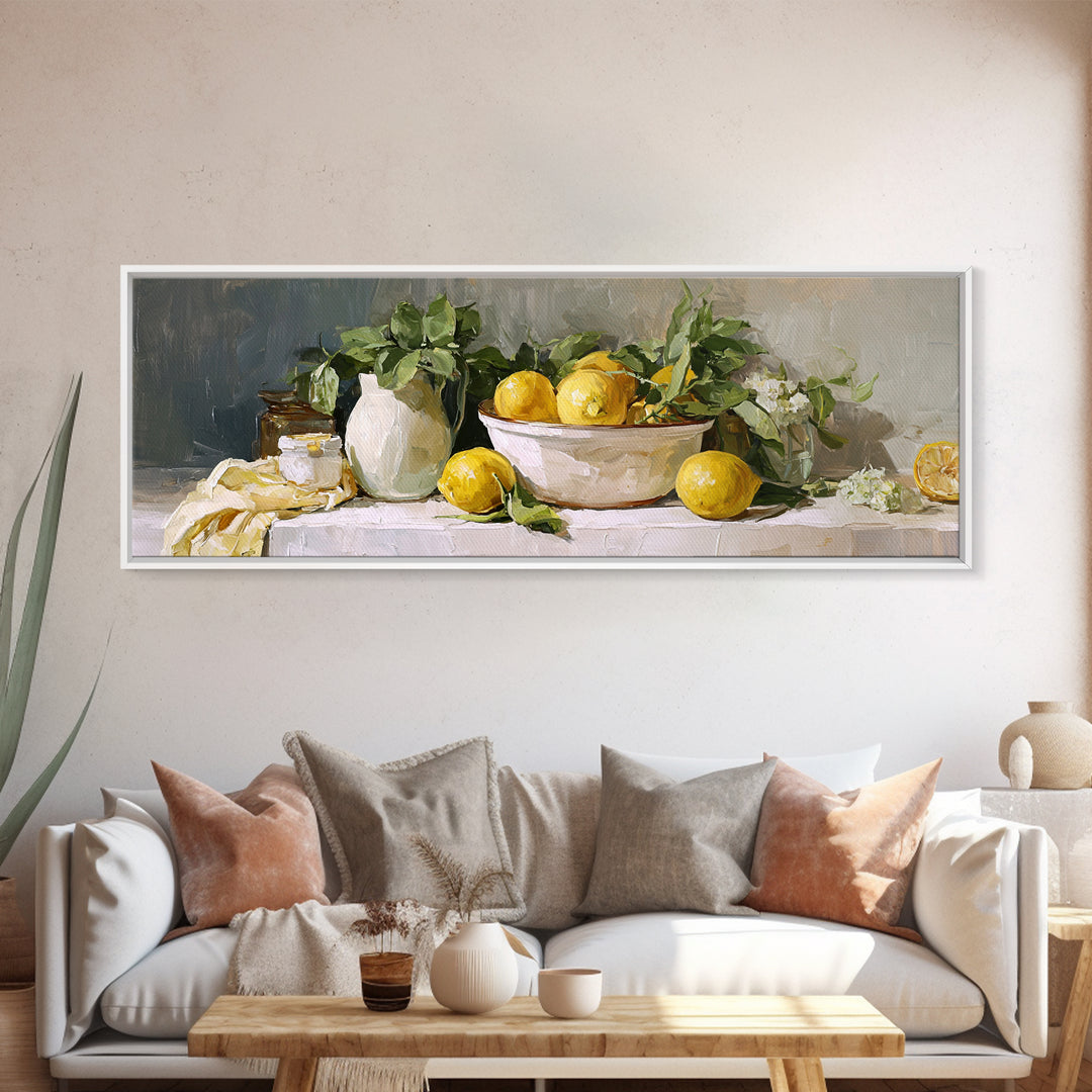 Lemon and Clean Linen Still Life Framed Canvas Print, Laundry Room Art, Digital Print, Living Room Decor, Fine Art, Clean, LRA-3x1-67