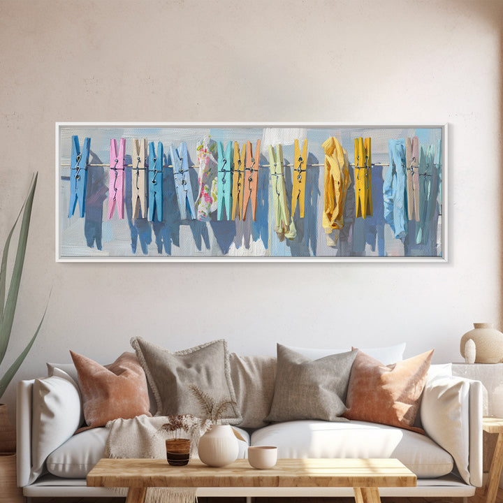 Cheerful Clothespins Arranged as Pattern Canvas Print, Laundry Room Art, Living Room Decor, Clean, Minimalist Wall Art, LRA-3x1-68