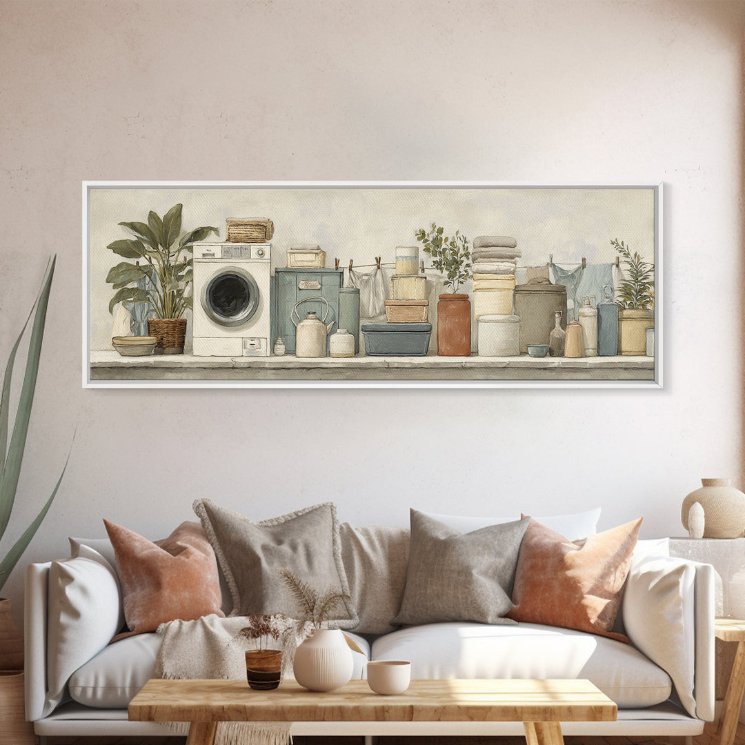 Retro Iron Illustration Framed Canvas Print, Laundry Room Art, Gallery Wall Prints, Living Room Decor, Fine Art, Clean, LRA-3x1-73