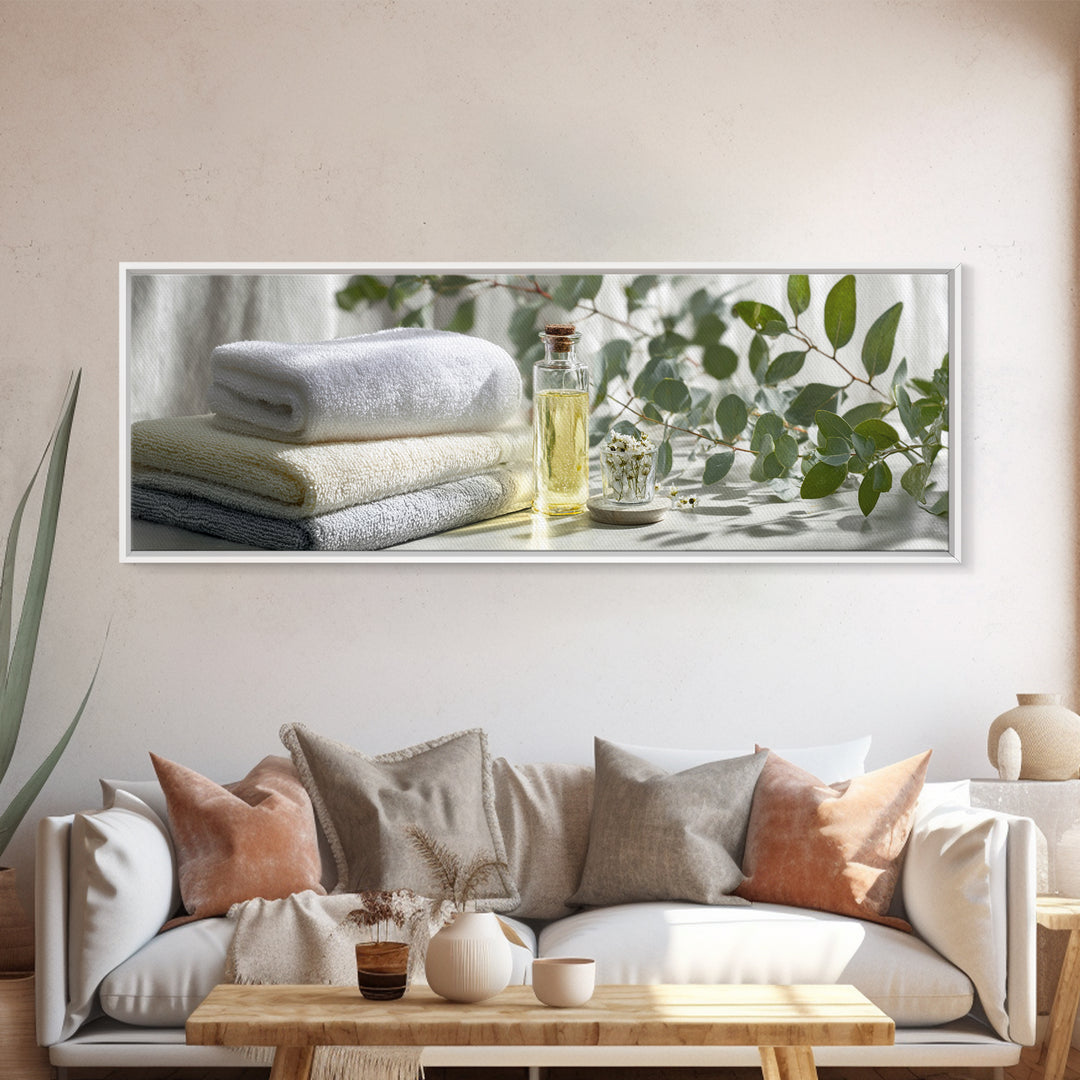Sunlit White Towels and Eucalyptus Branch Canvas Print, Laundry Room Art, Printable Art, Living Room Decor, Watercolor Art, LRA-3x1-75
