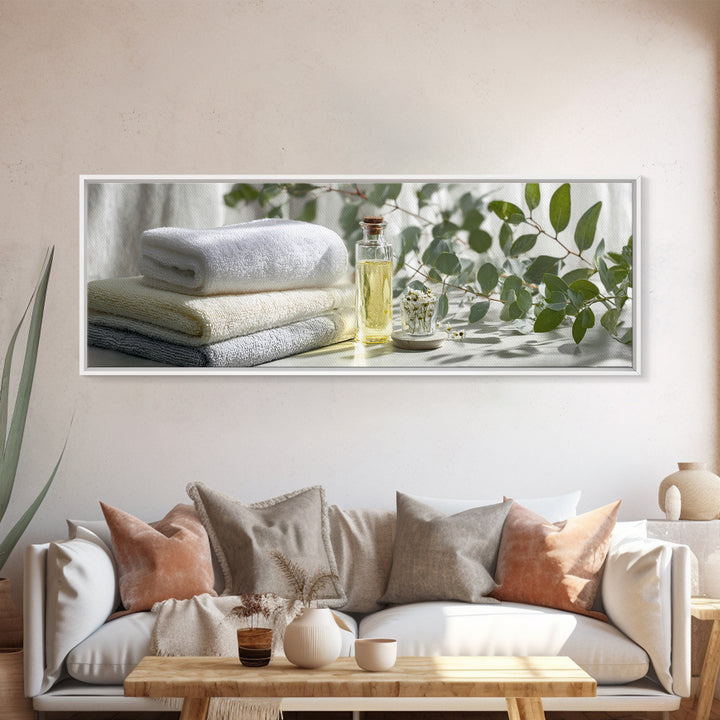 Sunlit White Towels and Eucalyptus Branch Canvas Print, Laundry Room Art, Printable Art, Living Room Decor, Watercolor Art, LRA-3x1-75