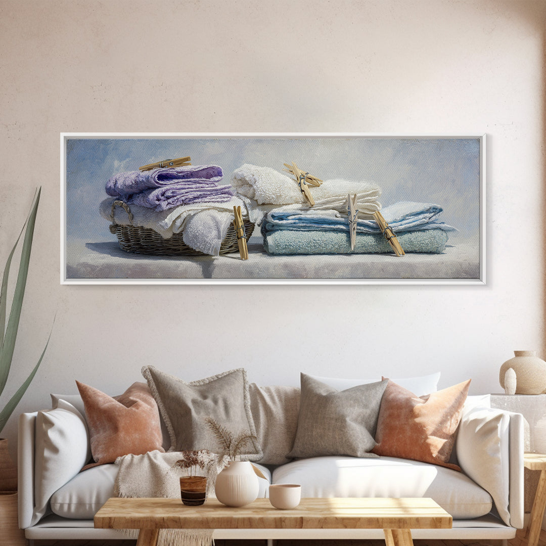 Basket of Folded Towels Canvas Print, Laundry Room Art, Painting, Living Room Decor, Fine Art, Clean, Wall Art Print, LRA-3x1-78