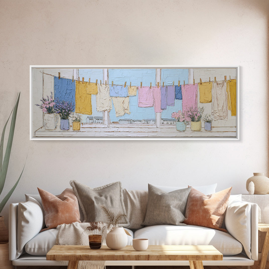 Simple Line Drawing of Hanging Laundry Canvas Print, Laundry Room Art, Downloadable Art, Living Room Decor, Abstract Art, Clean, LRA-3x1-8