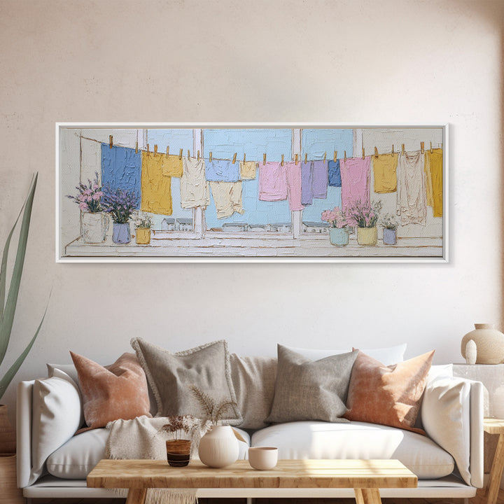 Simple Line Drawing of Hanging Laundry Canvas Print, Laundry Room Art, Downloadable Art, Living Room Decor, Abstract Art, Clean, LRA-3x1-8