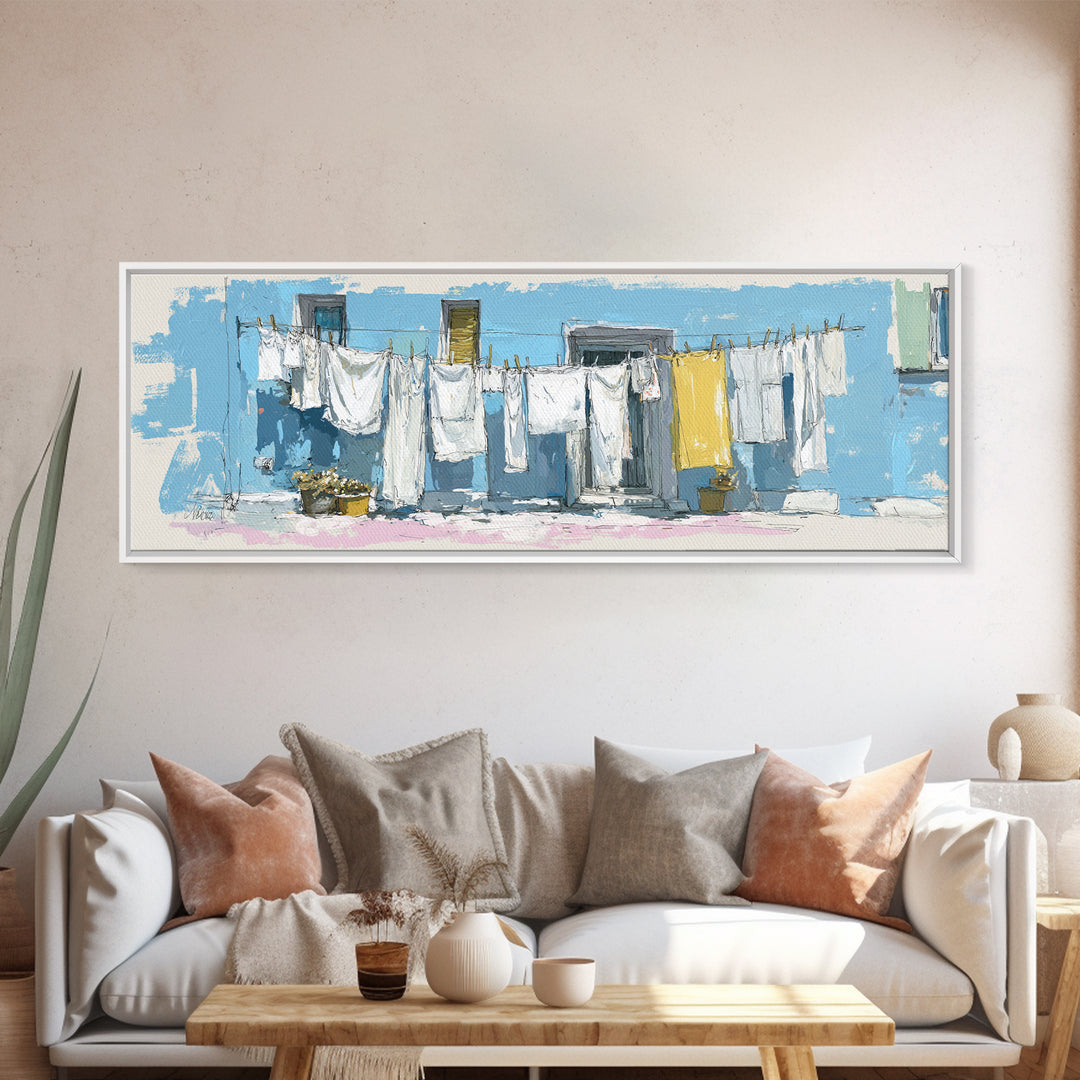 Simple Line Drawing of Hanging Laundry Canvas Print, Laundry Room Art, Painting, Living Room Decor, Abstract Art, Clean, LRA-3x1-80