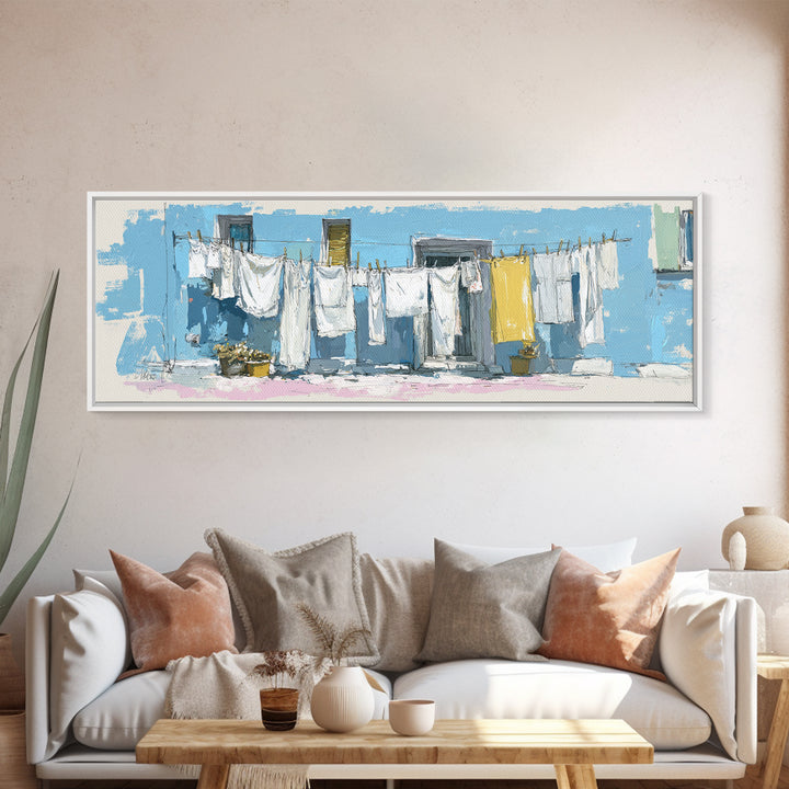 Simple Line Drawing of Hanging Laundry Canvas Print, Laundry Room Art, Painting, Living Room Decor, Abstract Art, Clean, LRA-3x1-80