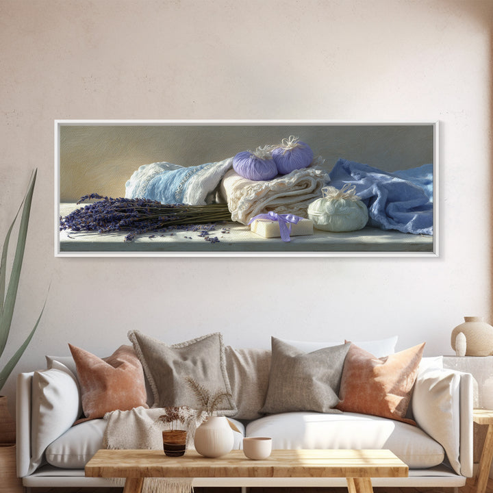 Lavender Sachet and Ribbon Still Life Framed Canvas Print, Laundry Room Art, Farmhouse Wall Art, Living Room Decor, Clean, LRA-3x1-81