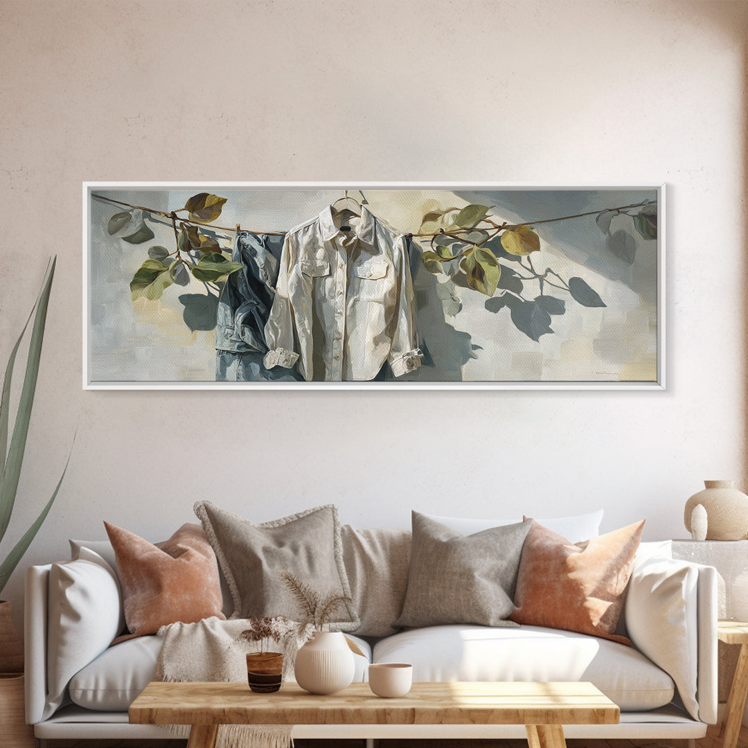 White Shirt on Hanger Canvas Print, Laundry Room Art, Whimsical Art, Living Room Decor, Watercolor Art, Clean, LRA-3x1-85