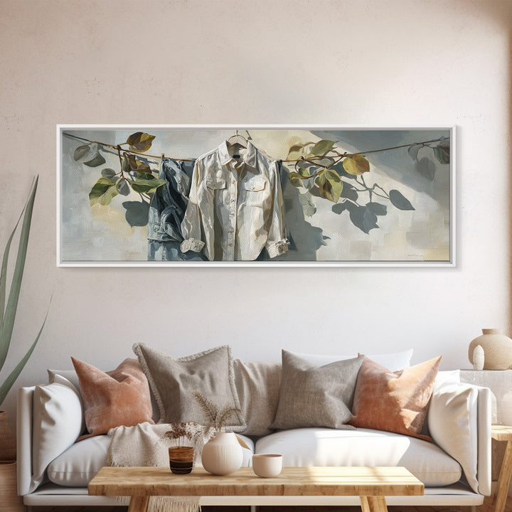 White Shirt on Hanger Canvas Print, Laundry Room Art, Whimsical Art, Living Room Decor, Watercolor Art, Clean, LRA-3x1-85