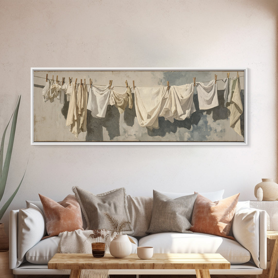 Clothesline with White Linens Blowing in Sunshine Canvas Print, Laundry Room Art, Digital Art Print, Living Room Decor, Clean, LRA-3x1-89