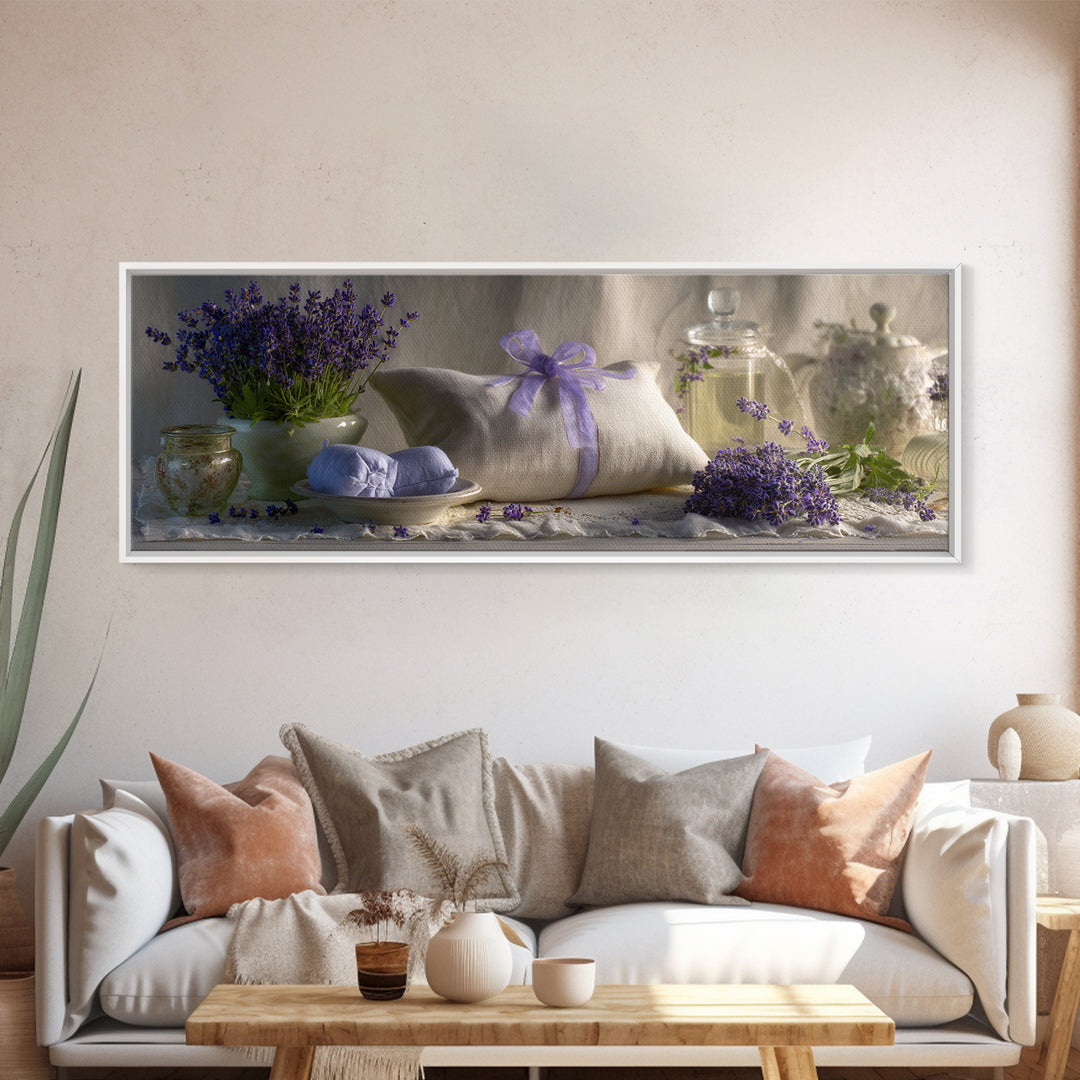 Lavender Sachet and Ribbon Still Life Framed Canvas Print, Laundry Room Art, Printable Art, Living Room Decor, Fine Art, Clean, LRA-3x1-9