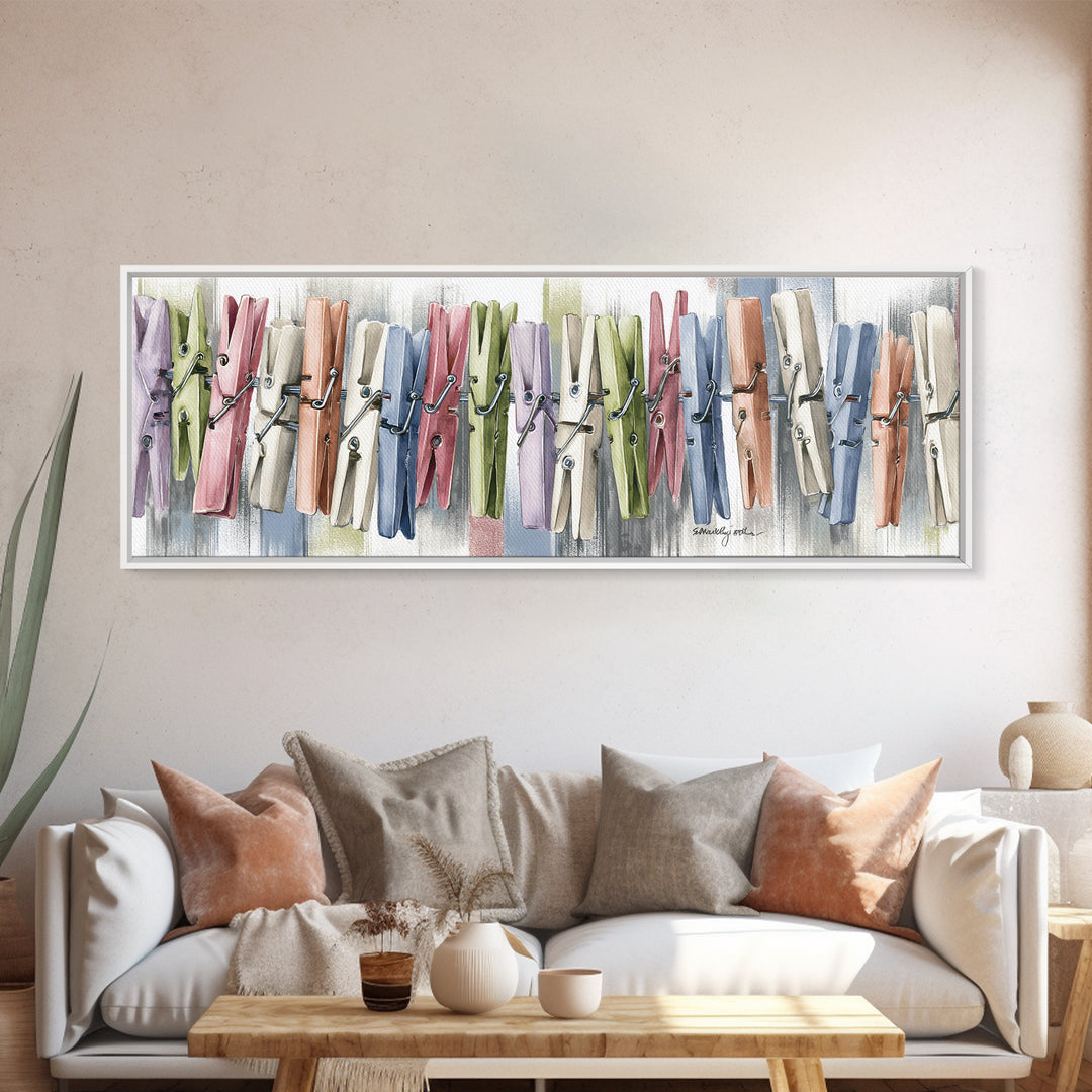 Cheerful Clothespins Arranged as Pattern Canvas Print, Laundry Room Art, Oil Painting, Living Room Decor, Clean, LRA-3x1-92