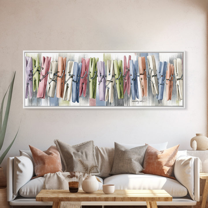 Cheerful Clothespins Arranged as Pattern Canvas Print, Laundry Room Art, Oil Painting, Living Room Decor, Clean, LRA-3x1-92