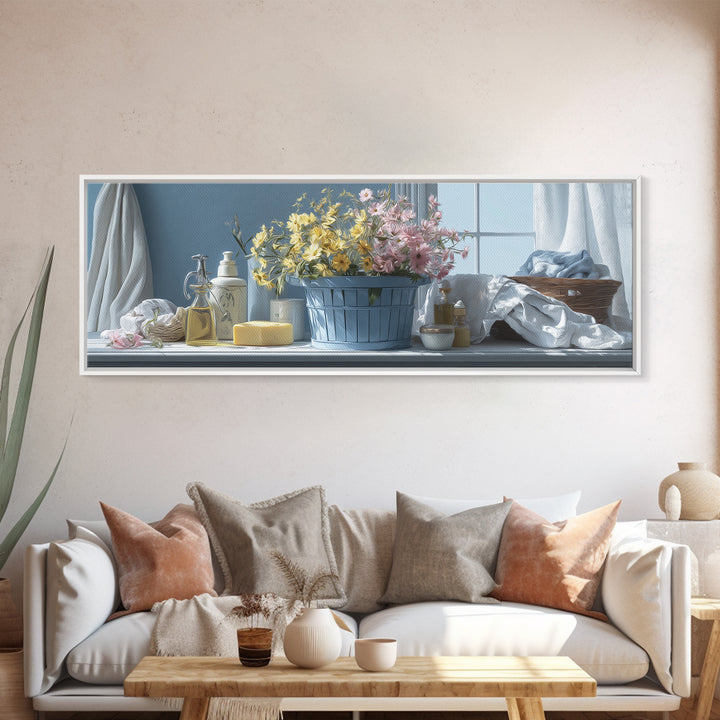 Blue Laundry Basket Canvas Print, Laundry Room Art, Funny Poster, Living Room Decor, Oil Painting, Clean, Minimalist Decor, LRA-3x1-93