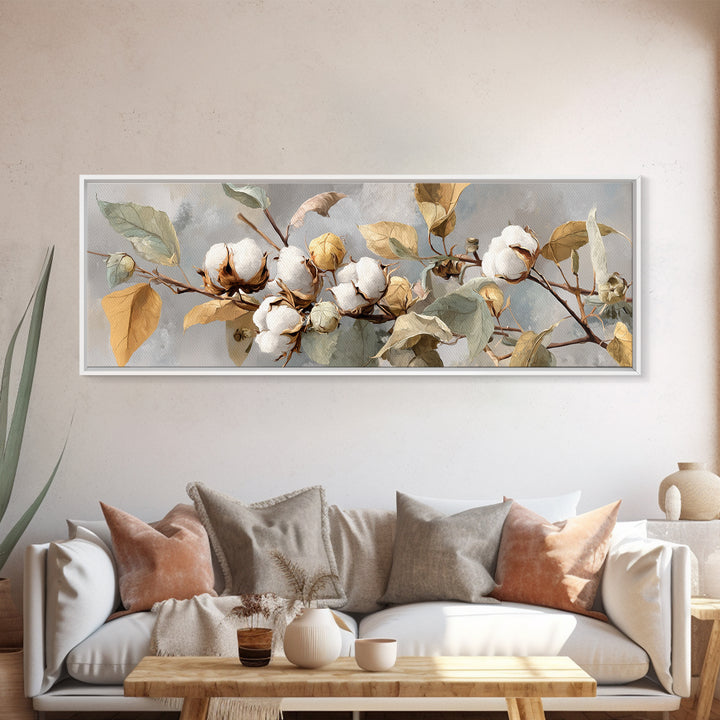 Fresh Cotton Branch Botanical Study Canvas Print, Laundry Room Art, Textured Painting, Living Room Decor, Fine Art, Clean, LRA-3x1-95