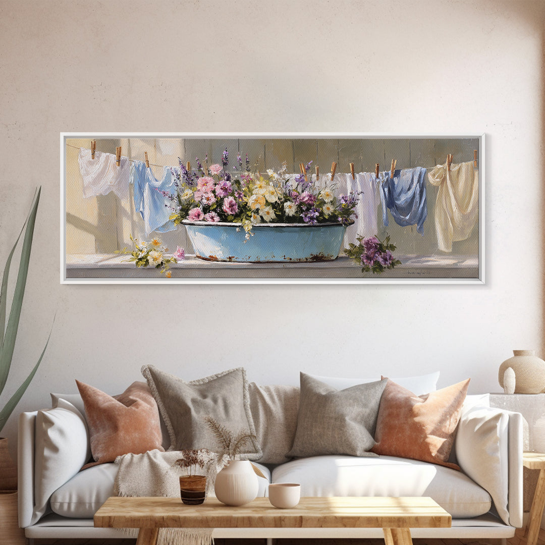 Old Enamel Basin Filled Canvas Print, Laundry Room Art, Neutral Decor, Living Room Decor, Fine Art, Clean, Home Decor, LRA-3x1-96