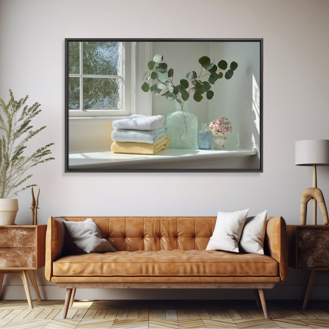 Sunlit White Towels and Eucalyptus Branch Framed Canvas Print, Laundry Room Art, New Home Gift, Living Room Decor, LRA-3x2-15