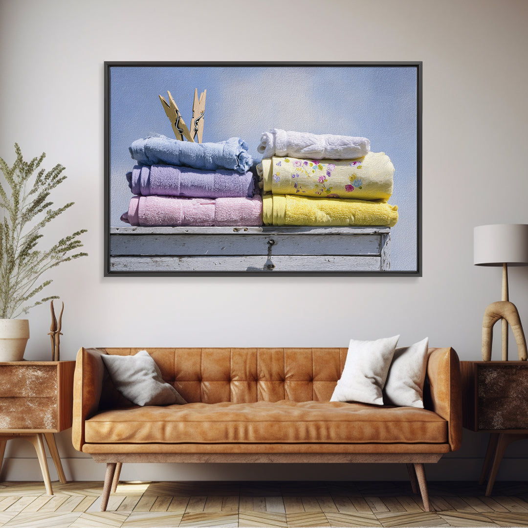 Basket of Folded Towels Framed Canvas Print, Laundry Room Art, Digital Print, Living Room Decor, Clean, Custom Wall Art, LRA-3x2-18