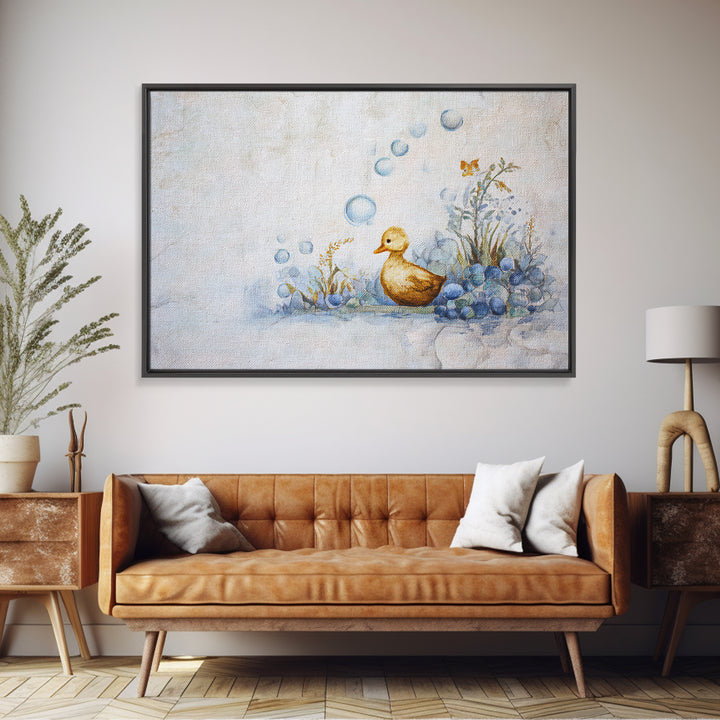 Duck and Bubbles Whimsical Watercolor Framed Canvas Print, Laundry Room Art, Downloadable Art, Living Room Decor, Clean, LRA-3x2-19