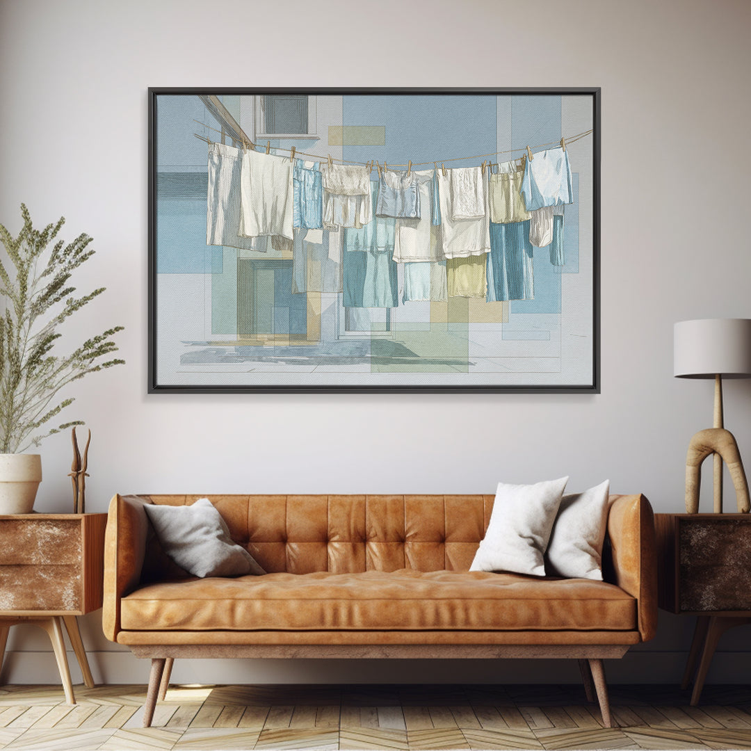 Simple Line Drawing of Hanging Laundry Framed Canvas Print, Laundry Room Art, Wall Art Print, Living Room Decor, Abstract Art, LRA-3x2-20