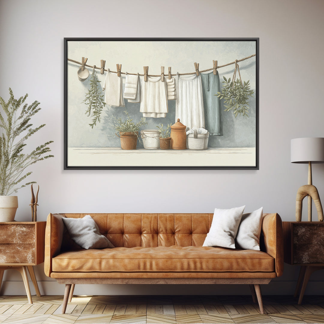 Farmhouse Laundry Sign Ornament Without Words Framed Canvas Print, Laundry Room Art, Retro Wall Art, Living Room Decor, Clean, LRA-3x2-23